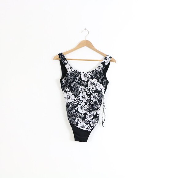 *Shore Shapes Black and White Tropical Floral Print One Piece Bathing Suit - Picture 3 of 9